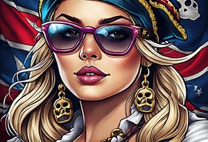 create a pirate flag with a feminine skull with two blonde pigtails and crossbones  wearing glasses tattoo idea