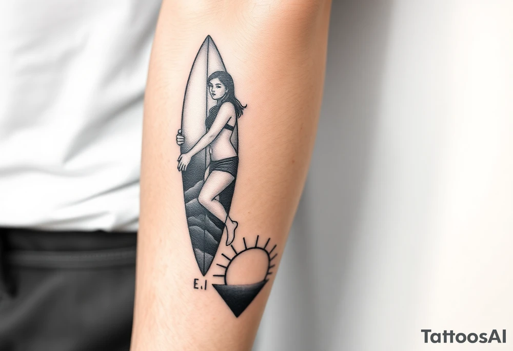 New school geometrical concept tattoo with the girl holding surfboard in a vertical position her face is turned 60 degrees to out side, the bottom part of a body is showed, on the right side of a tattoo is the realistic wave closed in a frame. And the bottom of a taro is a palenesiab sun. Link the objects based on new school geometry tattoos. tattoo idea