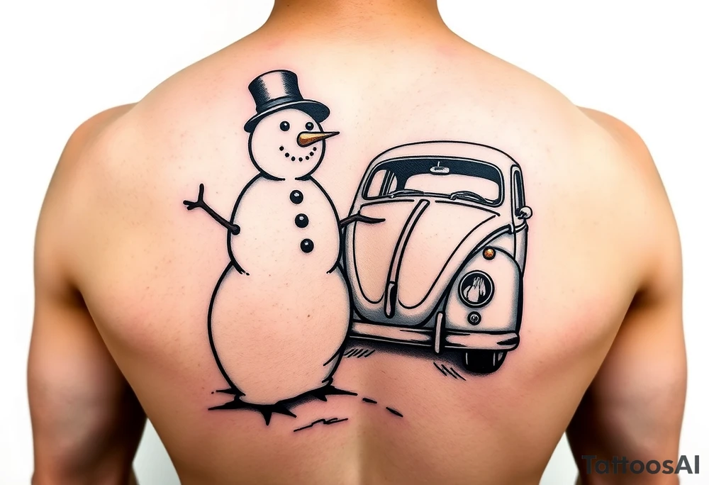 Snowman standing next to a hot rod vw beetle tattoo idea