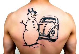 Snowman standing next to a hot rod vw beetle tattoo idea