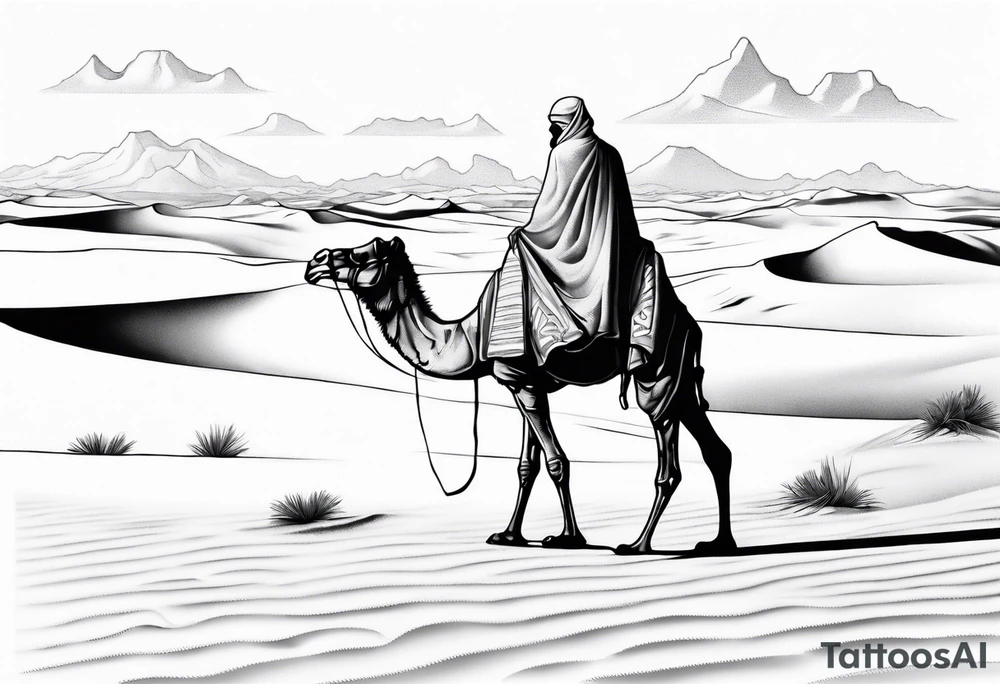 Design a tattoo showcasing, from far away a vast desert landscape with low, undulating sand dunes. Feature a man walking alongside his camel, both resilient against the harsh environment, the man covering his face with a long cloth for protection. tattoo idea