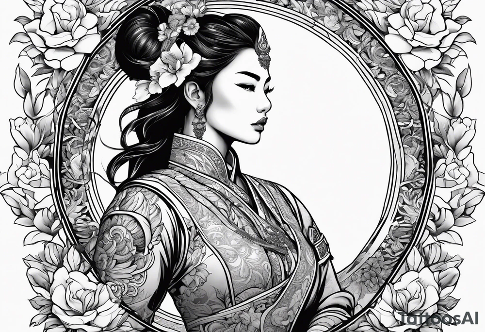 ornate beautiful woman warrior with weapon & floral arch background tattoo from head to torso tattoo idea
