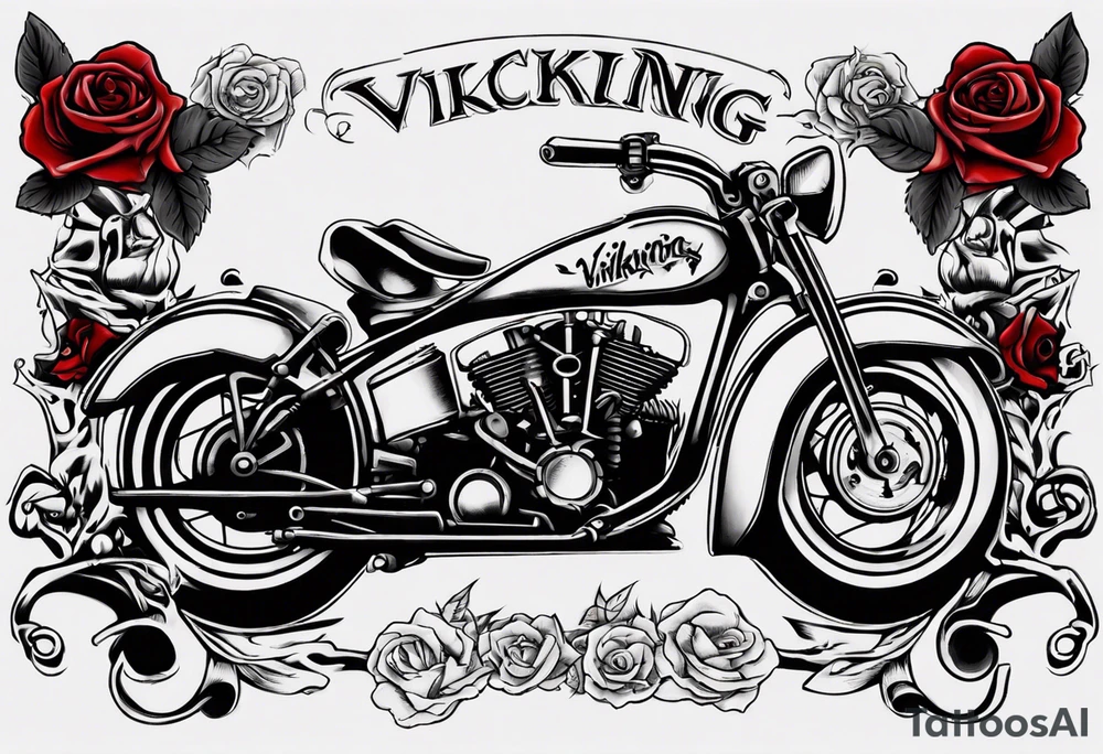 I want a tattoo of an old classic motorcycle  and a skeleton with roses in the back with the name “Viking Customs” incorporated in the design tattoo idea