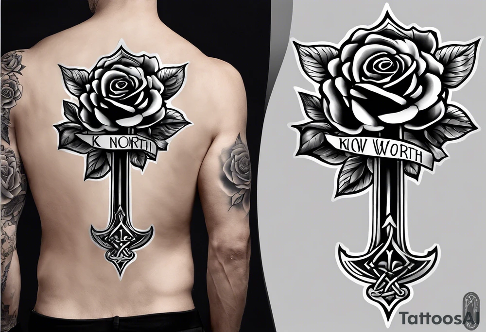 Cross that in the middle of it says “know your worth as well” and under it I would like my dads birthday the 30th of August 1966 and under that a rose tattoo idea