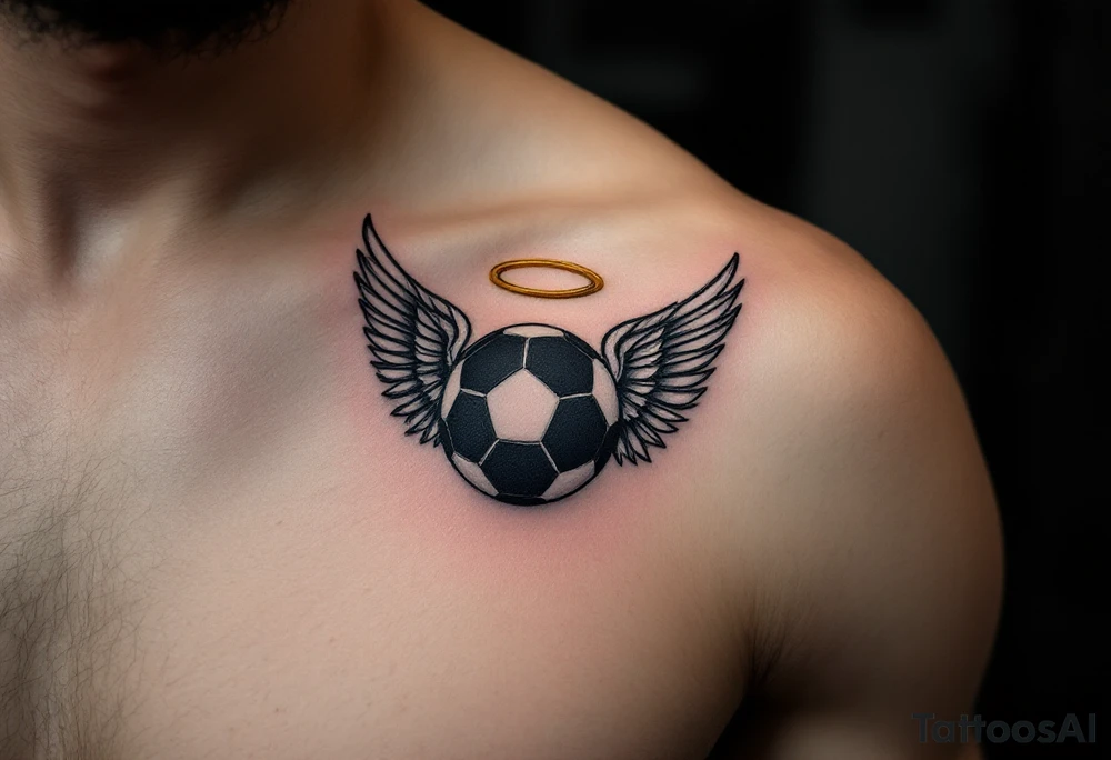 A black and gray soccer ball with angel wings and a golden halo above. tattoo idea