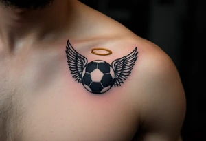A black and gray soccer ball with angel wings and a golden halo above. tattoo idea