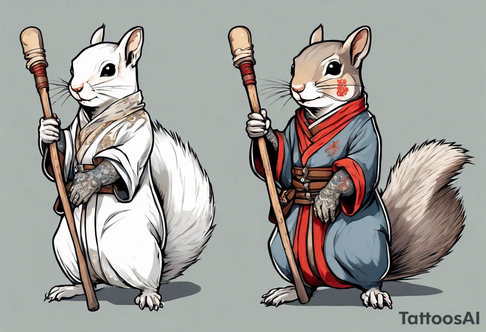 a grey squirrel dressed in a medieval tunic holding a large white stick tattoo idea