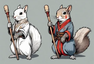 a grey squirrel dressed in a medieval tunic holding a large white stick tattoo idea