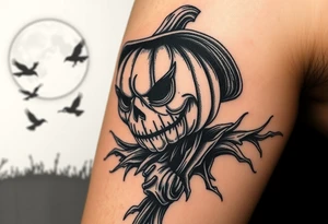 wicked sentinel pumpkin scarecrow. with moonlight in background. crows flying. ornamental fade. realistic very detailed pumpkinhead tattoo idea