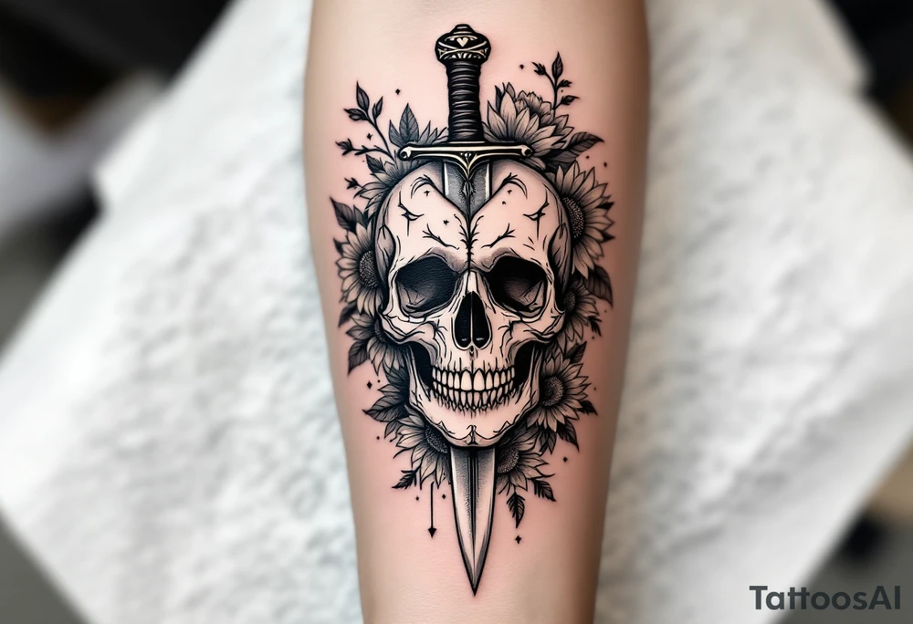 Skull, heart and dagger with roses and sunflowers tattoo idea
