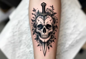 Skull, heart and dagger with roses and sunflowers tattoo idea