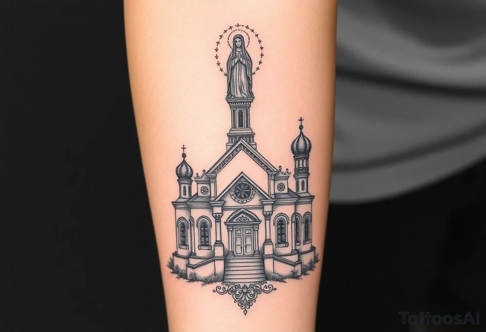 in a dorsal view a detailed orthodox church with a band at the front shrouded with a mist above and fading into a virgin mary overlooking above at the top tattoo idea