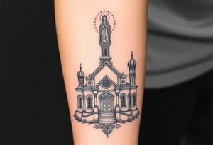 in a dorsal view a detailed orthodox church with a band at the front shrouded with a mist above and fading into a virgin mary overlooking above at the top tattoo idea