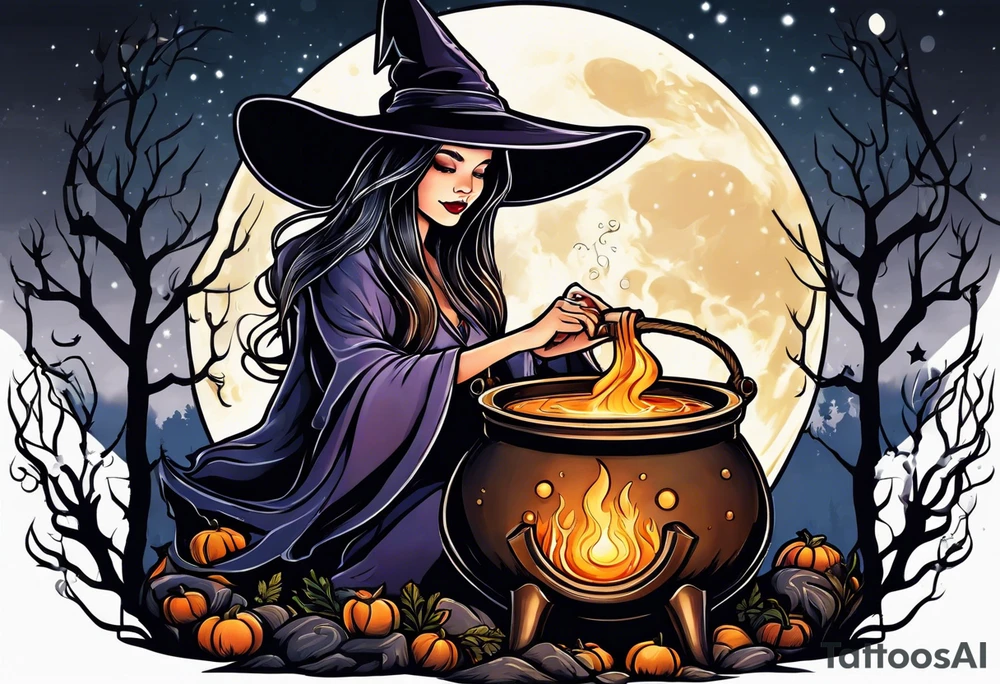 Witch stirring a cauldron under a full moon tattoo idea