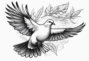 Dove soring through the air an olive branch in its beak whipping behind tattoo idea