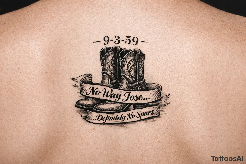 Can you do a minimalist neo, traditional Cow girl boots her birthday 9-3-59 and a banner that says no way Jose …. definitely no spurs this isn’t realistic. I want it very minimalist. tattoo idea