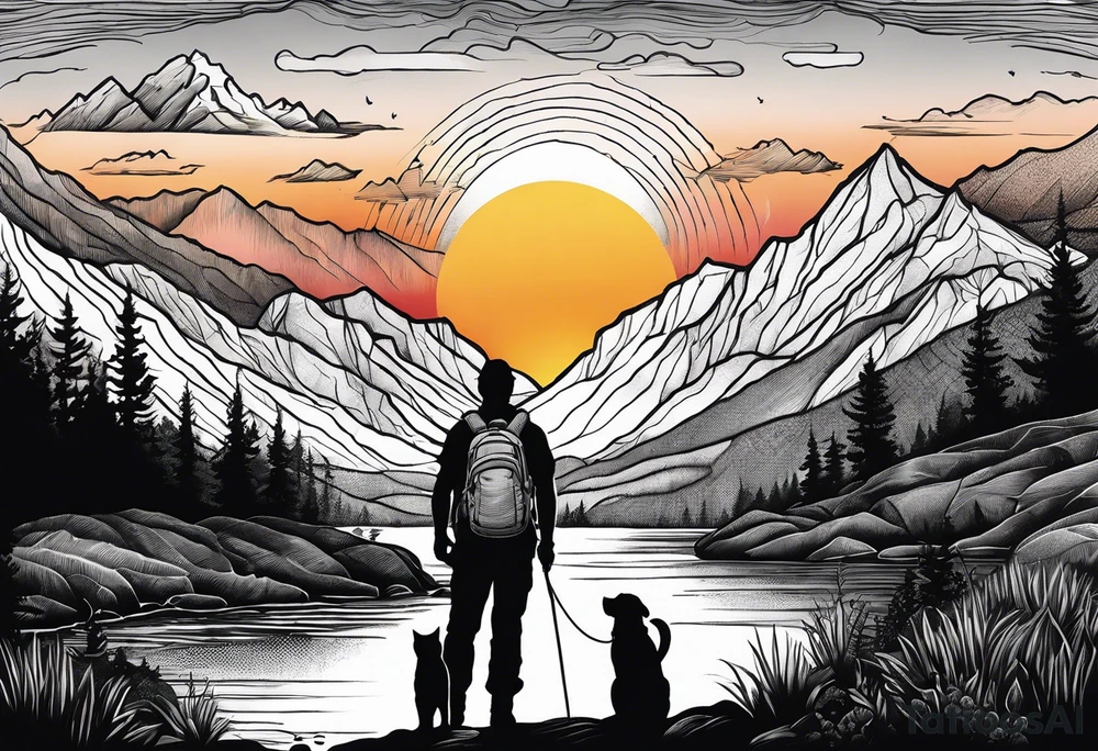 nature, sunset, mountains, a father and son hiking with their dog and cat by the water tattoo idea