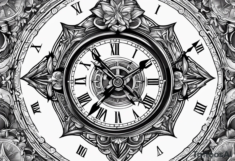 Cross with clock and compass in the middle tattoo idea