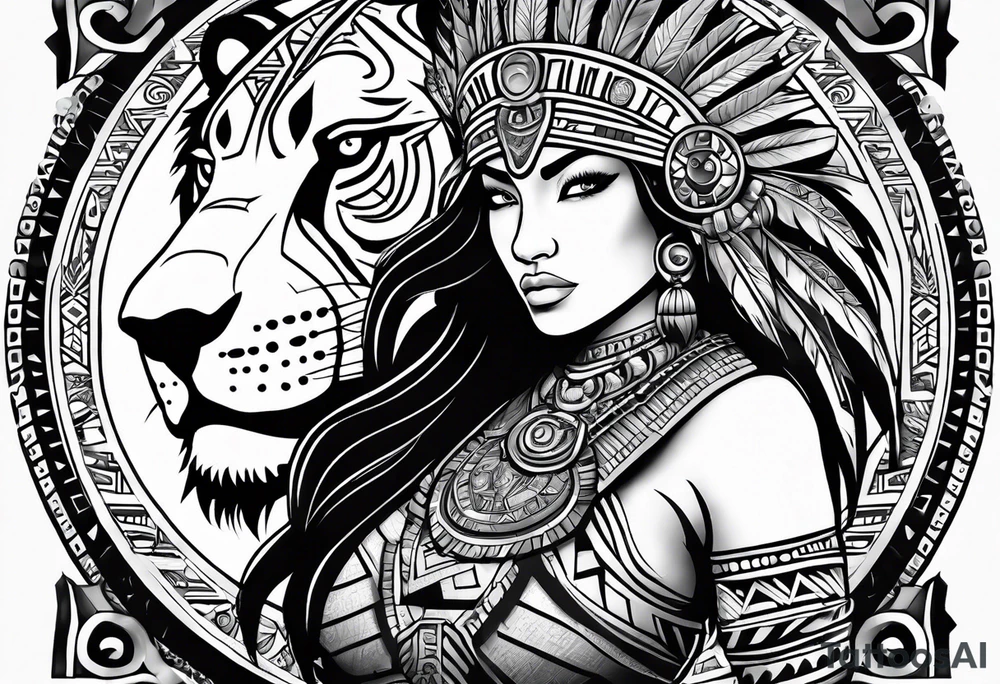 Aztec female warrior with aztec symbols in the background with a lion tattoo idea