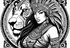 Aztec female warrior with aztec symbols in the background with a lion tattoo idea