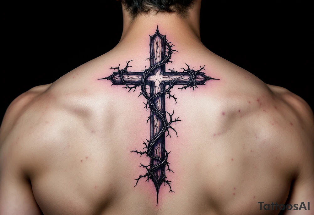 A detailed inverted cross with thorny vines wrapping around it, darkened with black ink and deep purple shadows, symbolizing struggle and resilience. tattoo idea