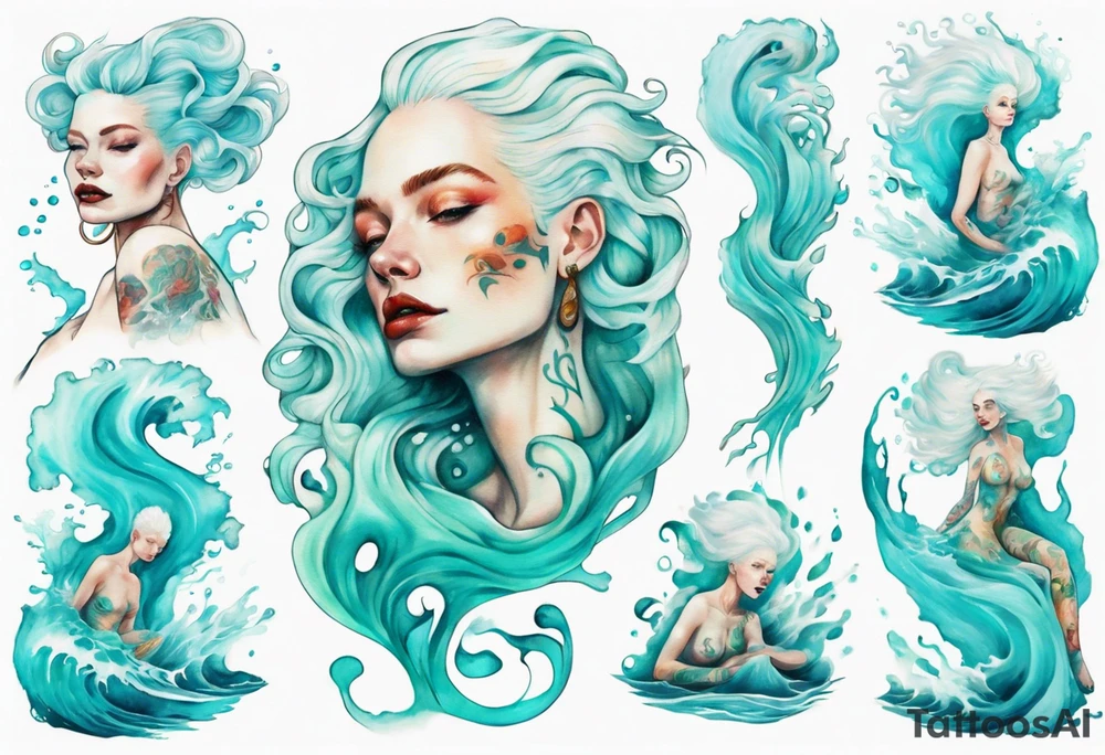 a tall albino woman made of water with turquoise hair sitting upon a wave tattoo idea