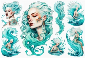 a tall albino woman made of water with turquoise hair sitting upon a wave tattoo idea