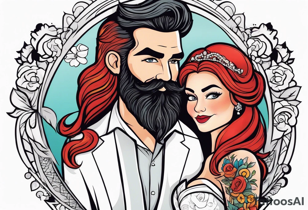 Busty red haired woman with a bearded man who has black hair getting married tattoo idea