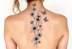 Delphinium, violet, narcissus, rose, daisy vertically down the spine with swirls and butterflies tattoo idea