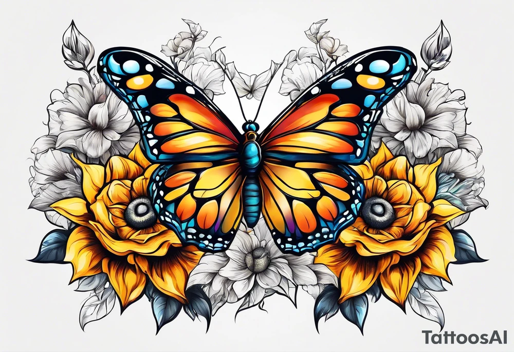 animal butterfly , flower rose, sunflower, tattoo idea