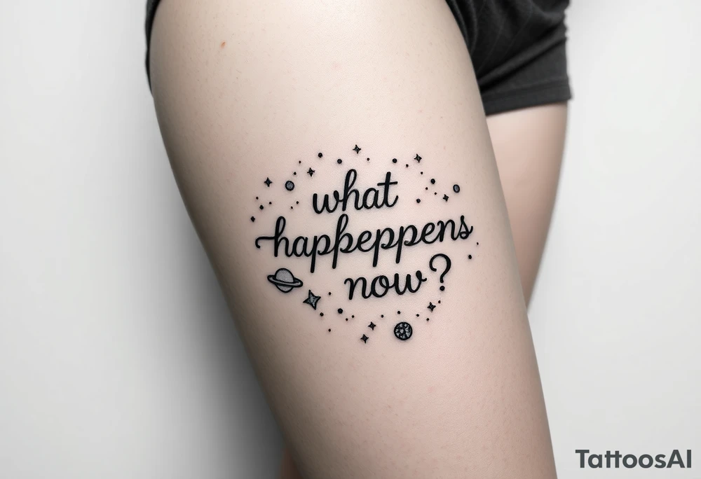 “what happens now?” surrounded by the galaxy and outer space tattoo idea