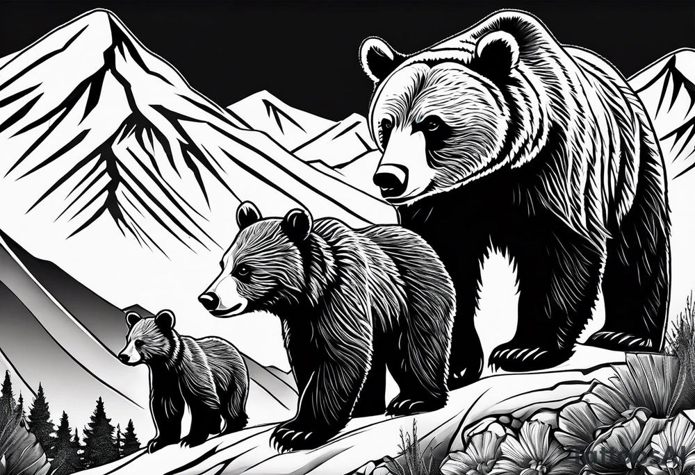 mamma bear and cub with mountains tattoo idea