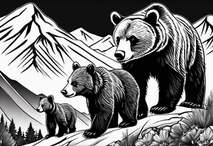 mamma bear and cub with mountains tattoo idea