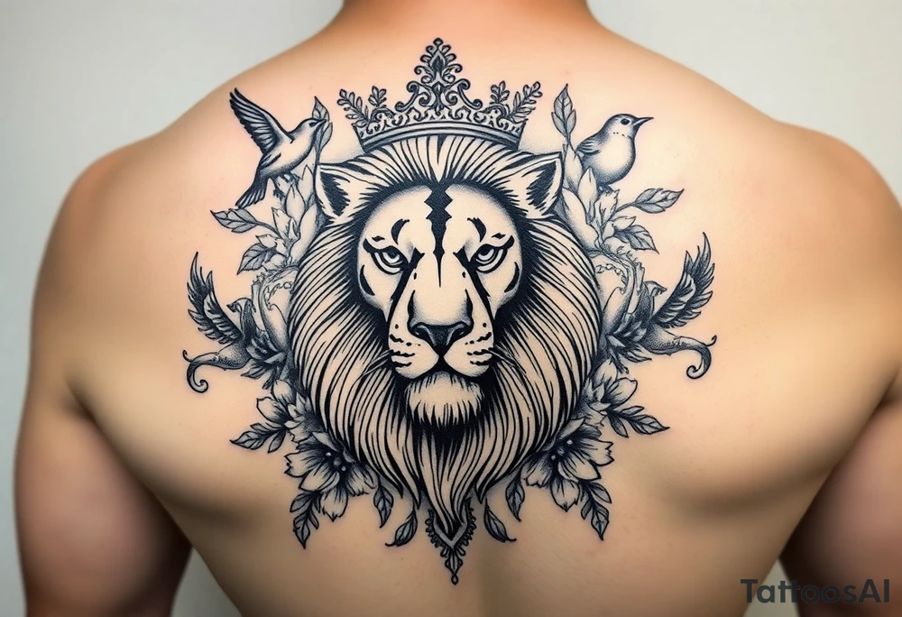 powerful majestic lion with a crown, surrounded by floral ornaments and birds tattoo idea