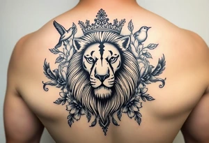 powerful majestic lion with a crown, surrounded by floral ornaments and birds tattoo idea