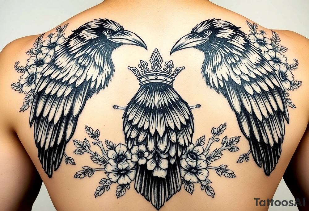 powerful majestic ravens with a crown, surrounded by floral ornaments and birds tattoo idea