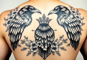 powerful majestic ravens with a crown, surrounded by floral ornaments and birds tattoo idea