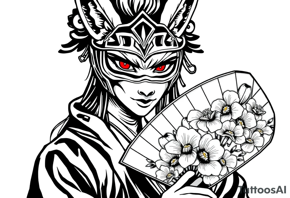 japanese samurai woman with red eyes wearing a kitsune half-mask and holding a fan with irises flowers ornement tattoo idea