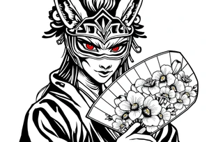 japanese samurai woman with red eyes wearing a kitsune half-mask and holding a fan with irises flowers ornement tattoo idea