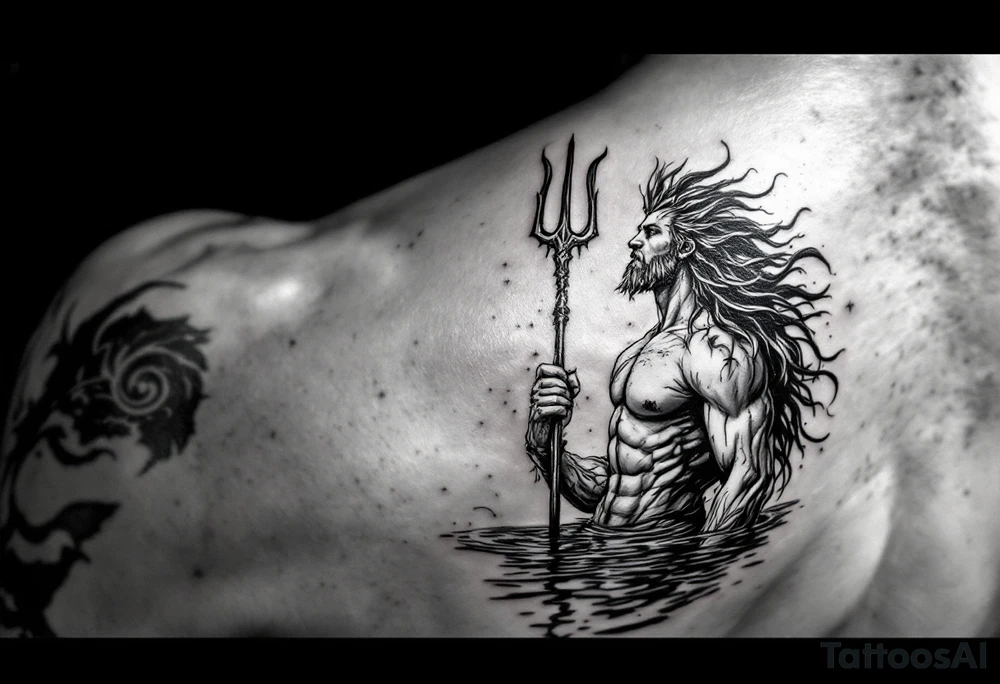 fit poseidon, with trident, in calm water, looking at the sky tattoo idea