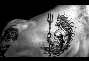 fit poseidon, with trident, in calm water, looking at the sky tattoo idea