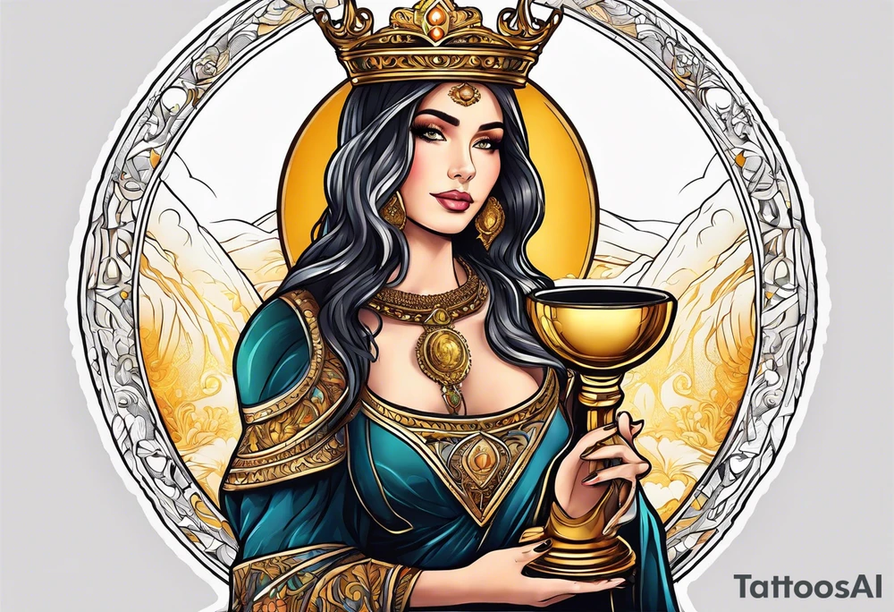 woman holding chalice surrounded by golden halo tattoo idea