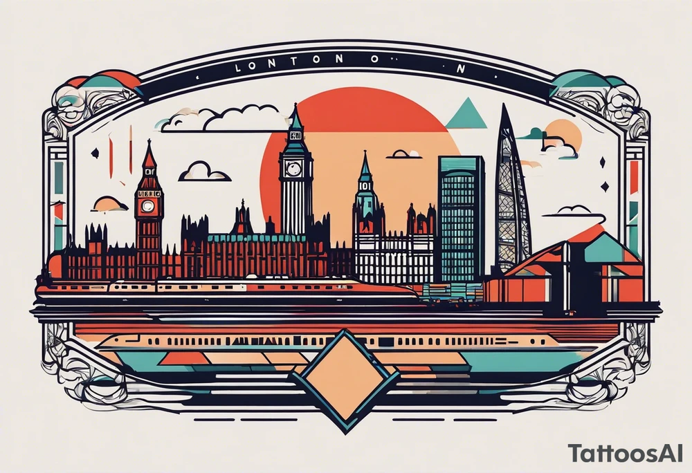 A minimalistic, abstract design capturing the architectural essence and vibe of London. Key elements of London’s skyline and structure are hinted at with clean lines, and subtle detailing includes personal touches, like a nod to Feid’s signature look (hat, glasses, mustache), integrated discreetly to honor a memorable concert experience. The tattoo combines the city’s character with personal symbolism. tattoo idea