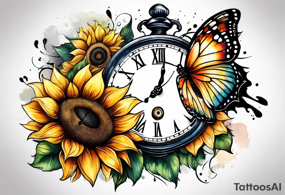 Sleeve with clock, sunflower and butterfly tattoo idea