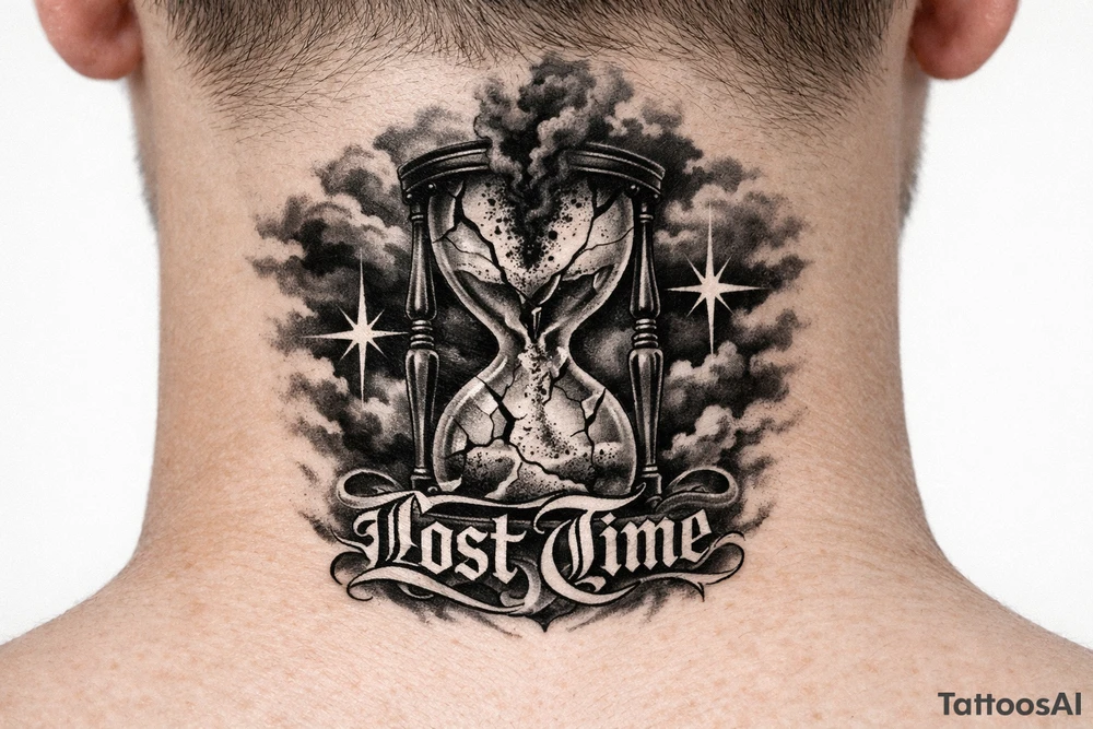 front of neck Black and grey realism tattoo design of a cracked, shattered hourglass centered in dark heavy clouds. Sand and dark smoke floating upward out of the glass. Custom gothic script lettering that says "Lost Time" wrapped around the base. Chicano style shading, deep blackwork background, sharp 4-point sparkle stars, high contrast, clean white background, tattoo stencil style tattoo idea