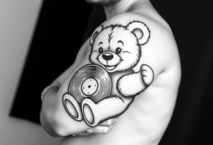 realistic smiling cartoon teddy bear holding a vinyl record tattoo idea