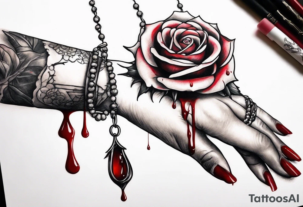 Feminine hand holding a rose with blood dripping down the hand from the thorns with 3 hanging rosary beads. tattoo idea