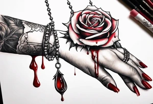 Feminine hand holding a rose with blood dripping down the hand from the thorns with 3 hanging rosary beads. tattoo idea