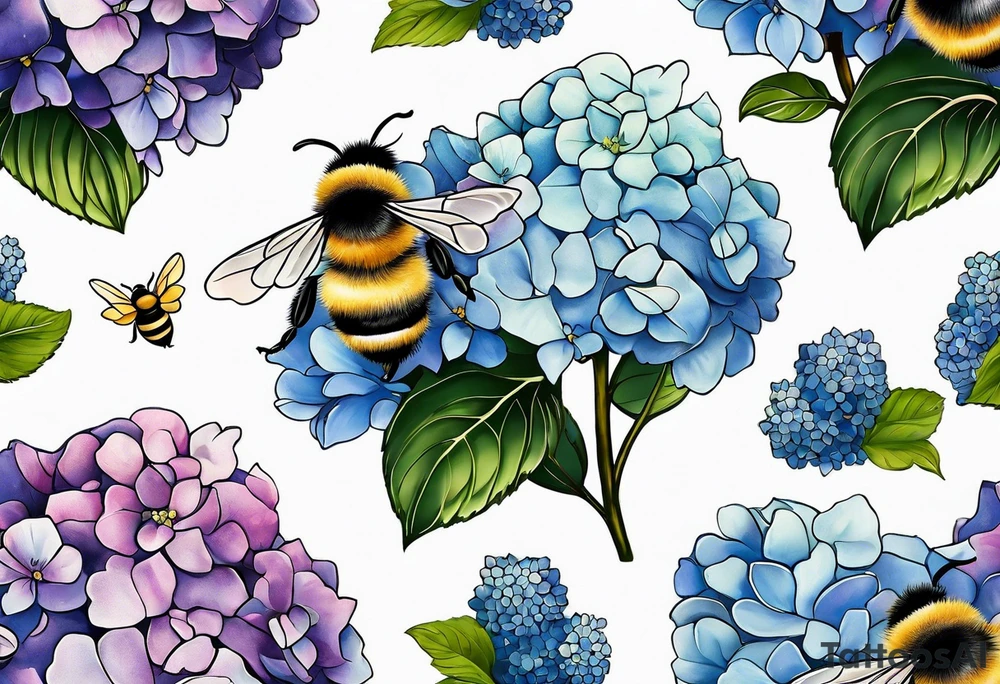 Small tattoo. There’s a hydrangea and a bee but they are not touching. Make the bee smaller than the hydrangea and have the bee off to the side. tattoo idea