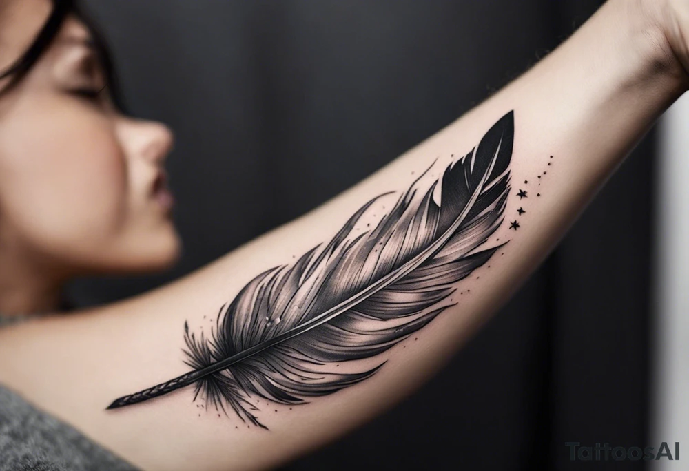 The tattoo begins on the left arm, at the elbow, where feathers are flying under the action of the wind towards the left hand. These feathers share the air space with branches that have leaves, and both elements move together up the left arm. As they approach the shoulder, some lightning appears between them. At this point, the feathers start to converge toward the left chest, where a vortex of energy reveals the head of an owl. The branches converge toward the left side of the back, passing over the shoulder. On the left side of the back, there is a dense, psychedelic element representing the energy of life's creation, with references to the earth, element, and planet. There is also a clay house in this area. tattoo idea
